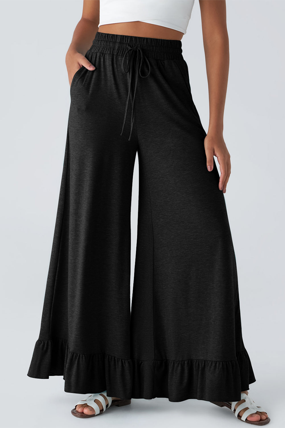 Dune Solid Color Ruffle Hem Wide Leg Pants