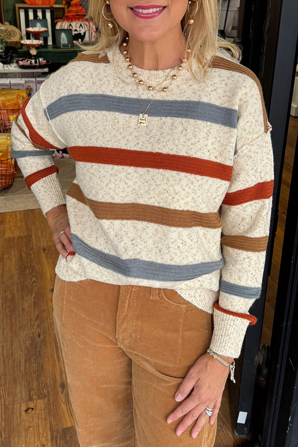 Beige Stripe Exposed Seam Drop Shoulder Heathered Knit Sweater