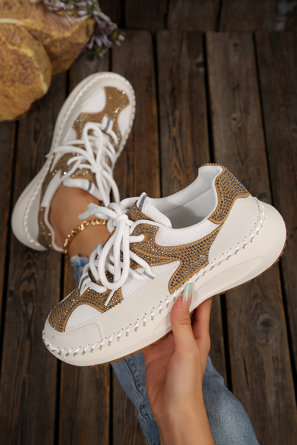 White Rhinestone Embellished Color Block Patchwork Lace-up Breathable Sneakers