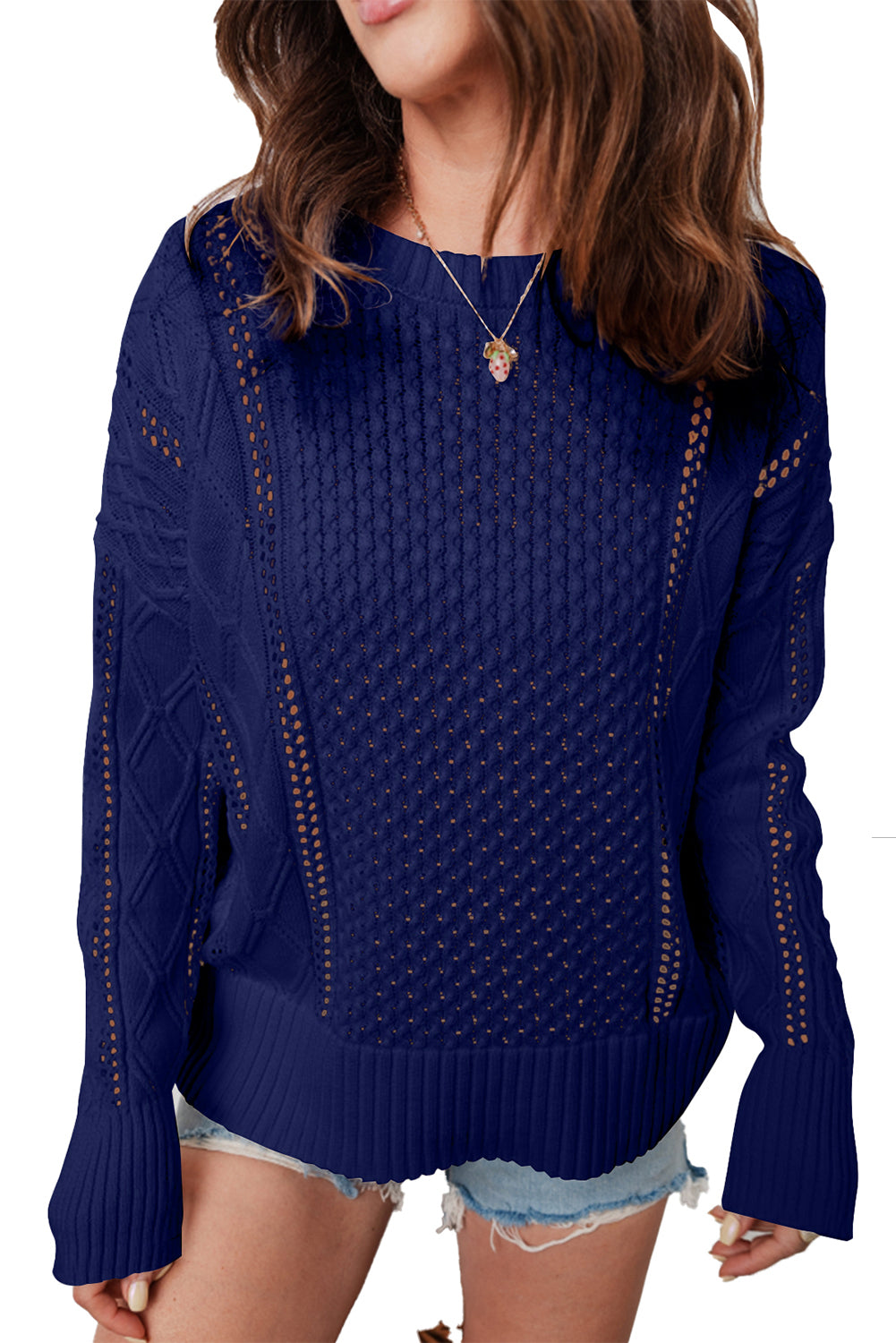 Navy Blue Mix Texture Knit Eyelet Detail Casual Sweater