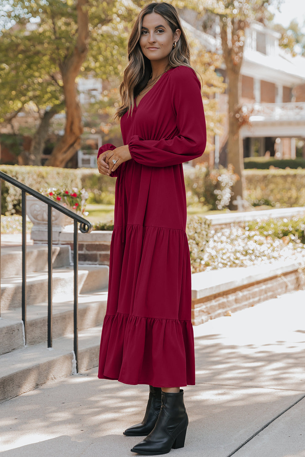 Burgundy Solid Long Sleeve Button V Neck Tiered Maxi Dress