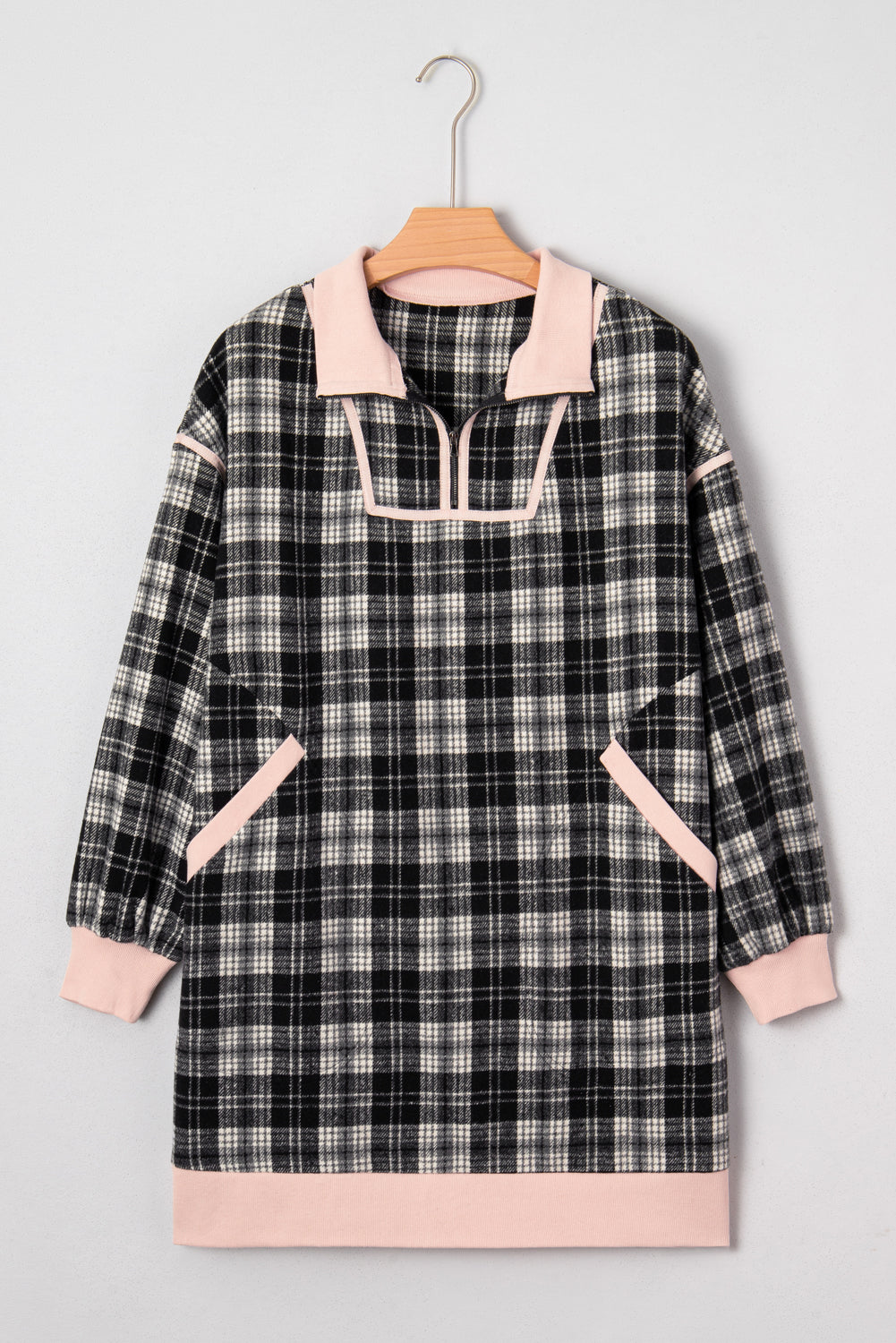Black Casual Plaid Zipper Long Sleeve Mini Dress