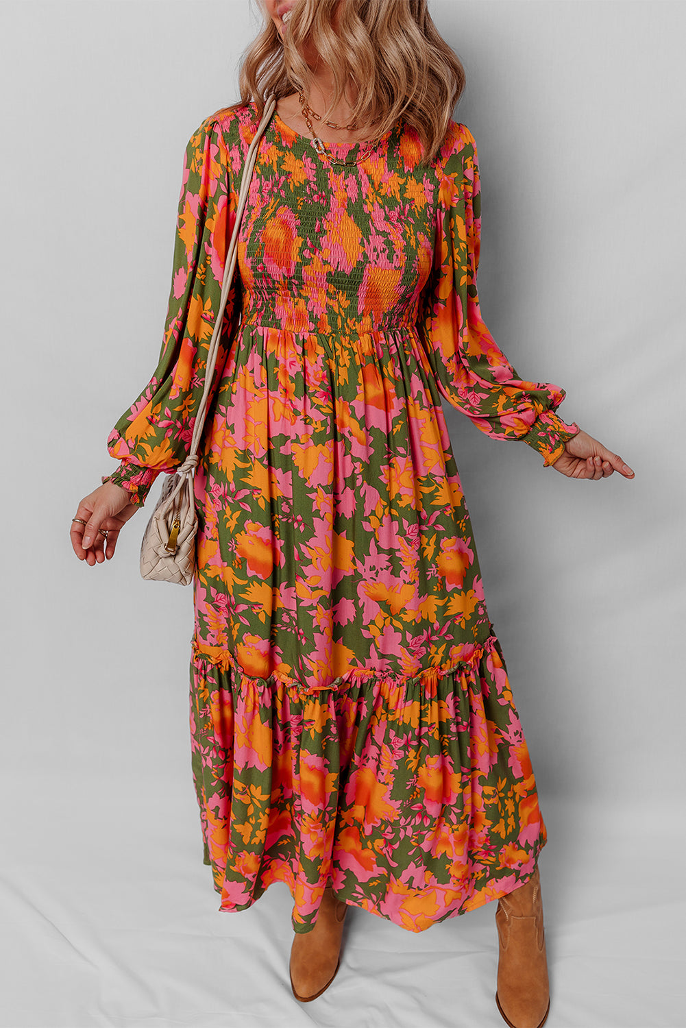 Orange Floral Puff Sleeve Smocked Bodice Frill Tiered Dress
