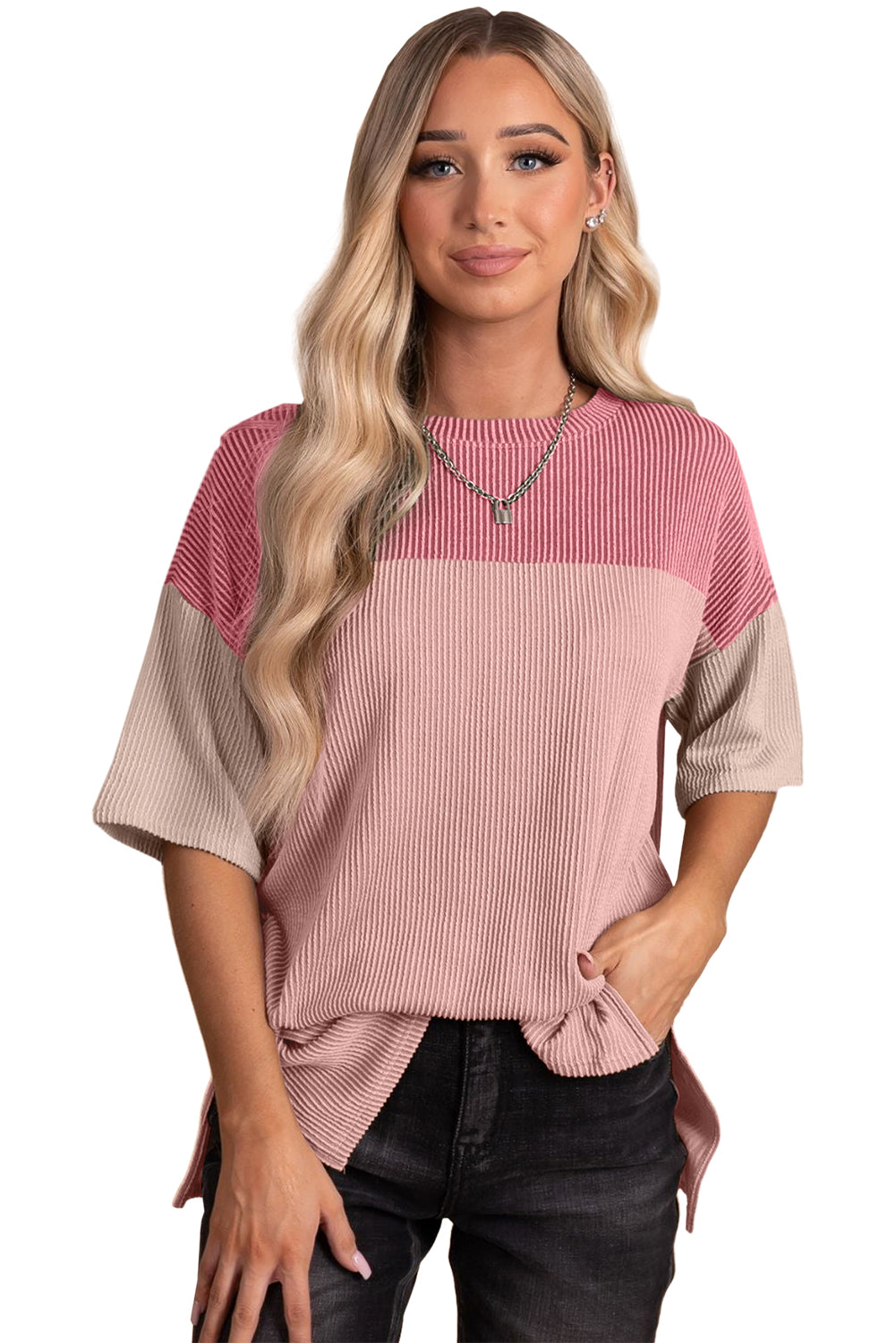 Black Color Block Ribbed Side Slits Half Sleeve Top