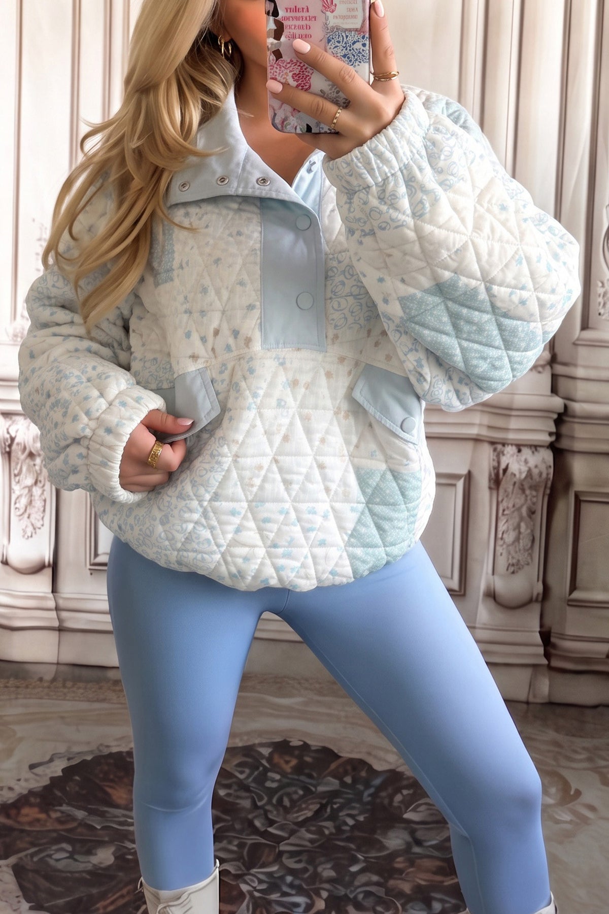 Floral Quilted Henley Pullover