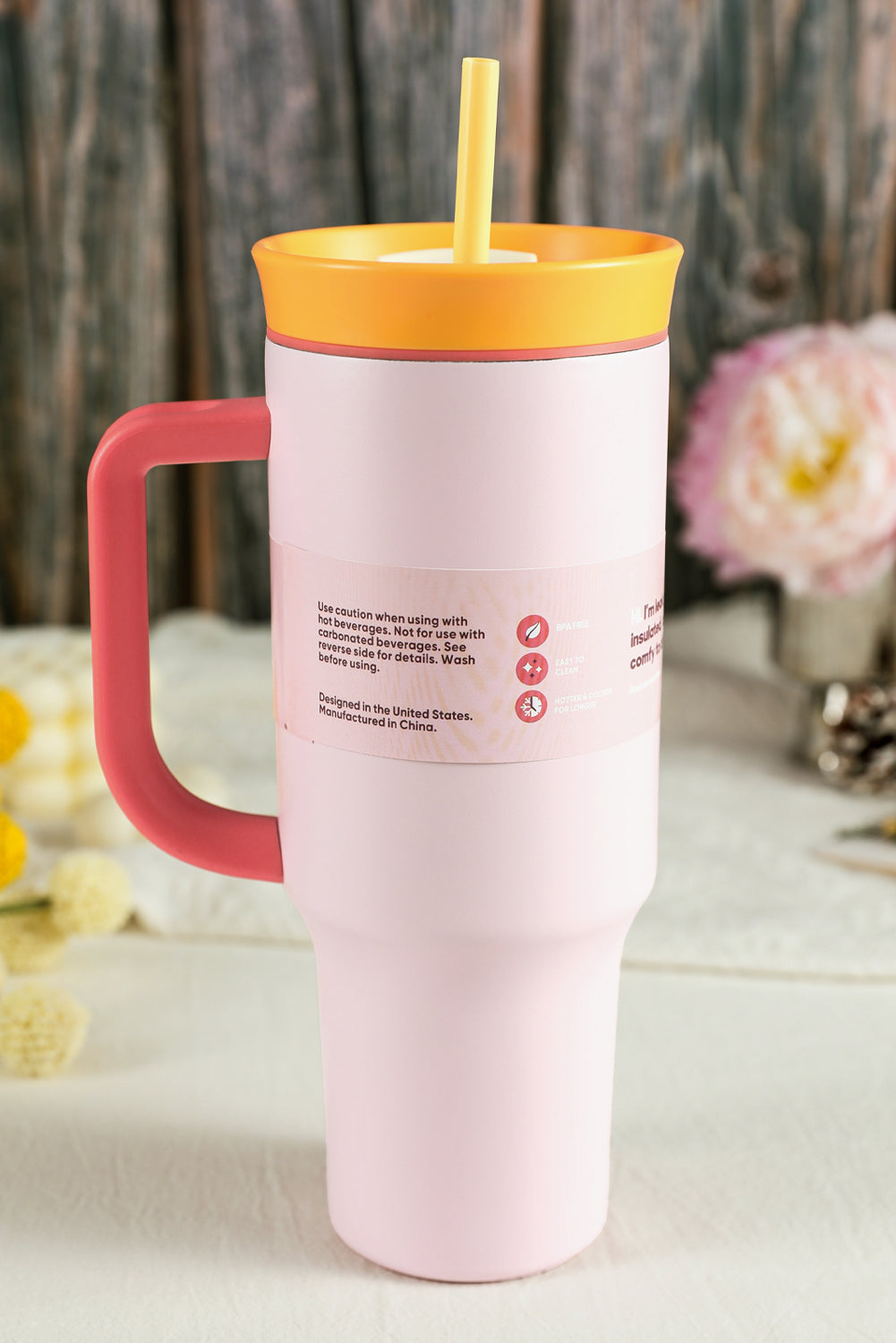 Light Pink Colorblock Handle Lid Stainless Steel Insulation Tumbler with Straw