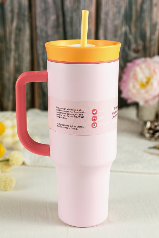 Light Pink Colorblock Handle Lid Stainless Steel Insulation Tumbler with Straw