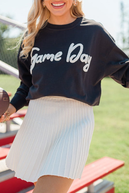 Black Chenille Game Day Letter Patched Drop Shoulder Sweatshirt