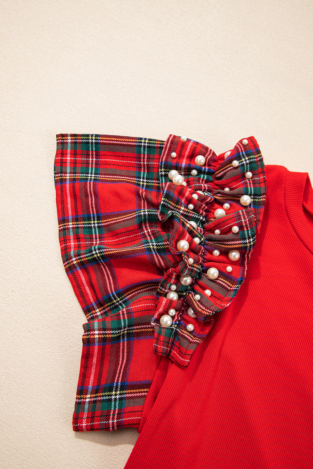 Racing Red MERRY Letter Terry Flocking Pearled Plaid Ruffled Sleeve Patchwork Tee