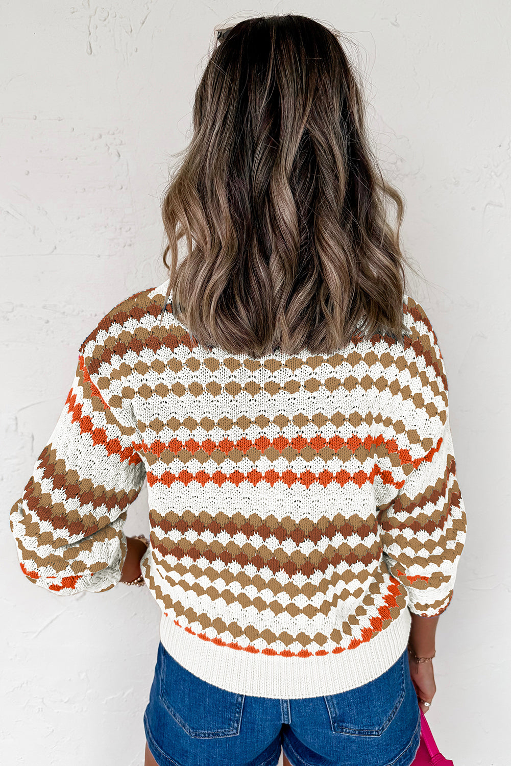 Brown Striped Eyelet Pattern Drop Shoulder Sweater