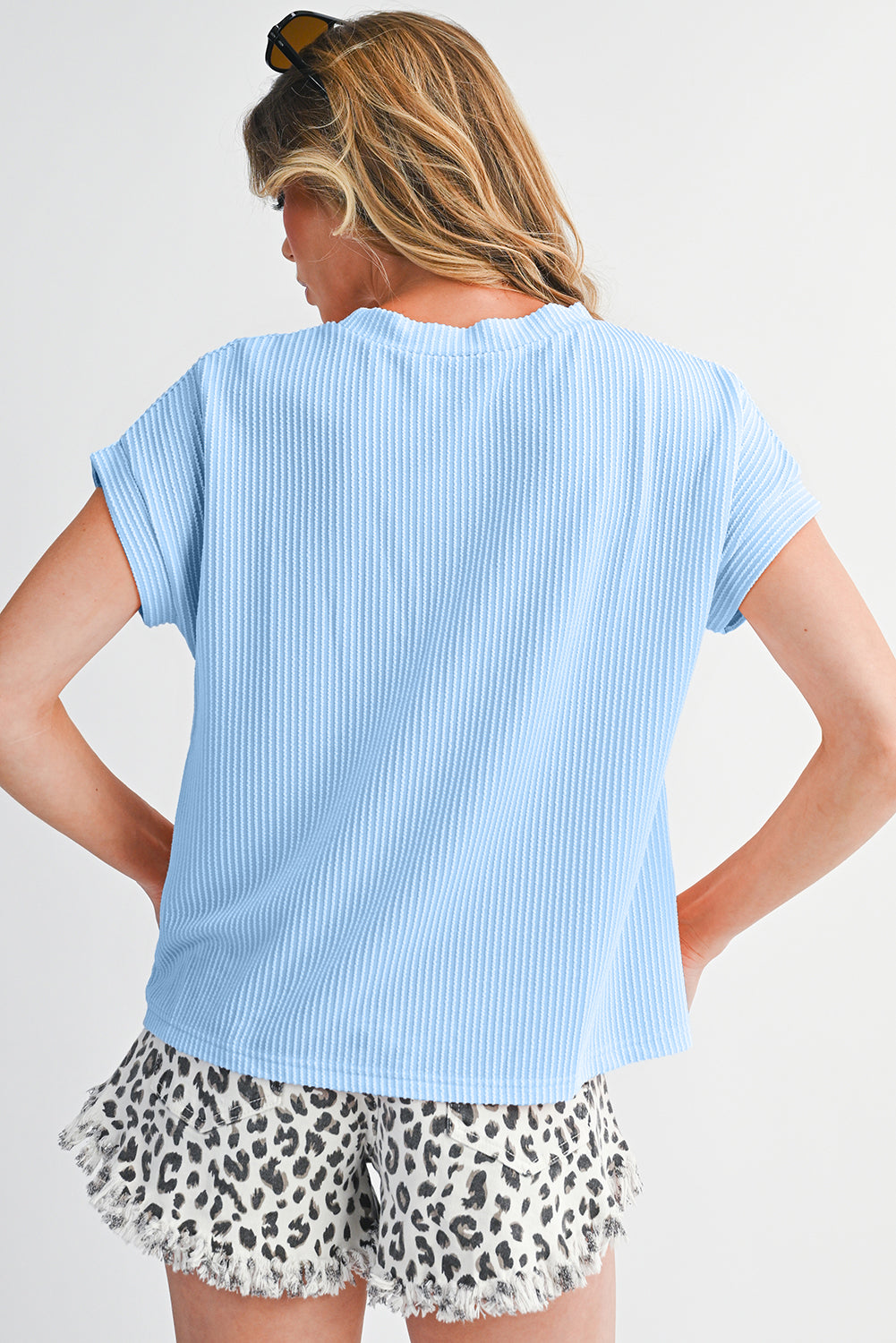 Pink Corded Colorblock Pocket Crew Neck T Shirt