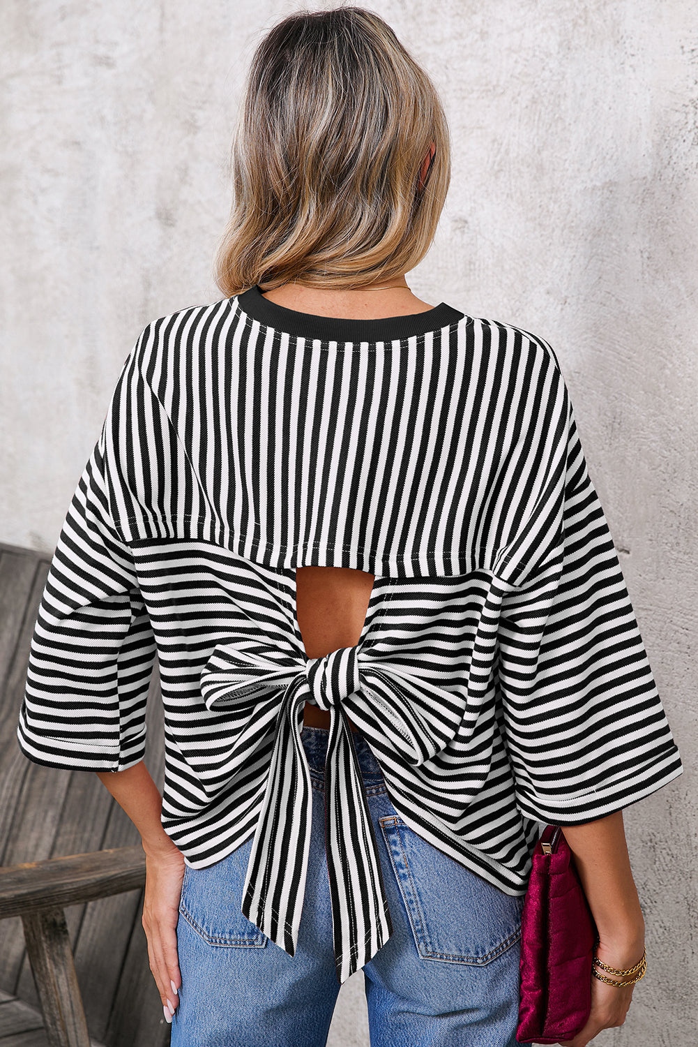 Pink Striped Bowknot Backless Drop Sleeve T-Shirt