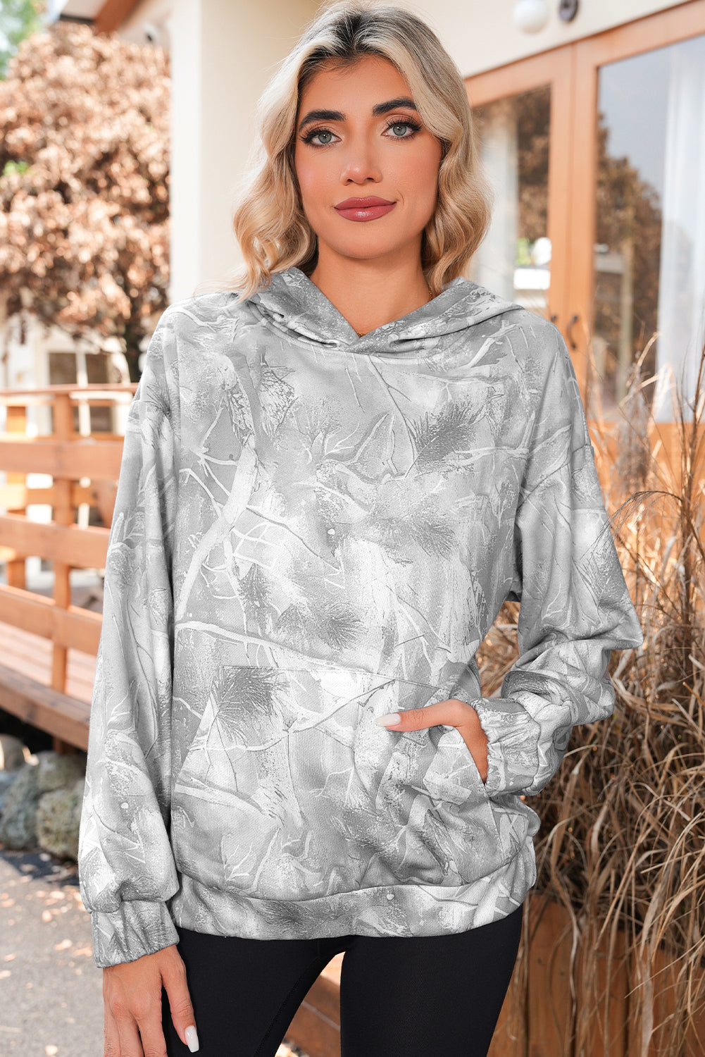 Light Pink Camouflage Plant Print Kangaroo Pocket Oversized Hoodie