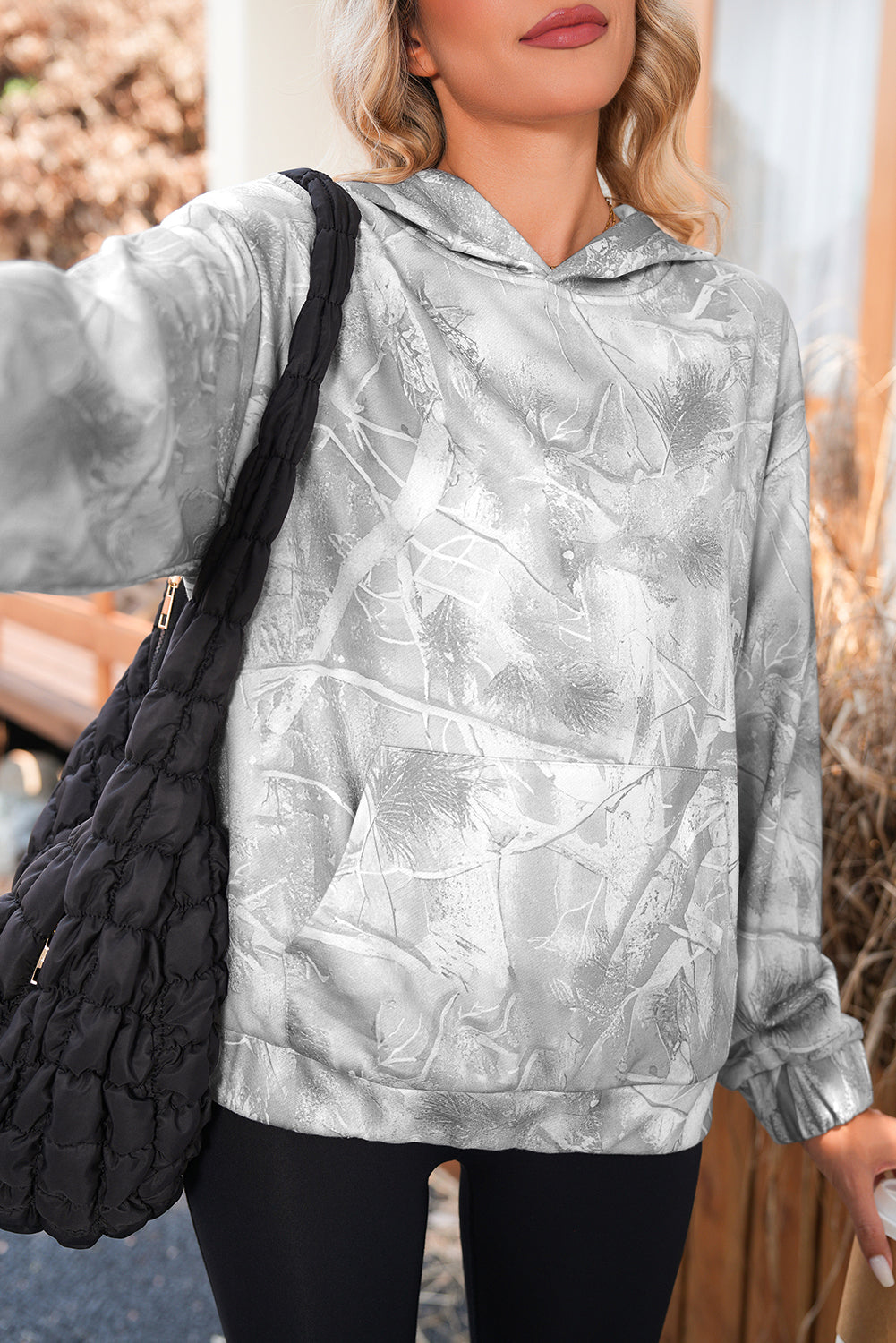 Light Pink Camouflage Plant Print Kangaroo Pocket Oversized Hoodie