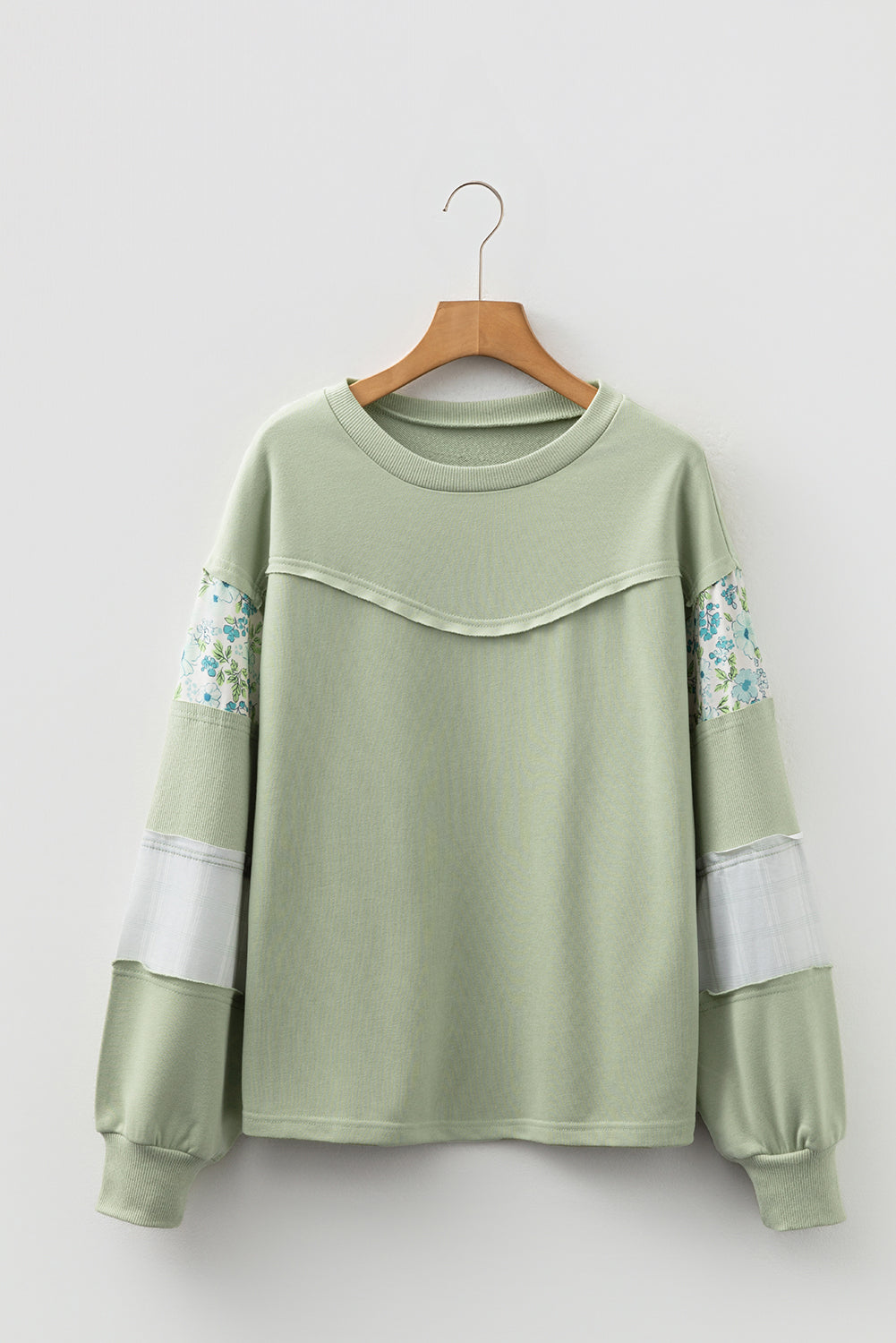 Laurel Green Floral Plaid Mixed Sleeve Raw Edge Relaxed French Terry Top