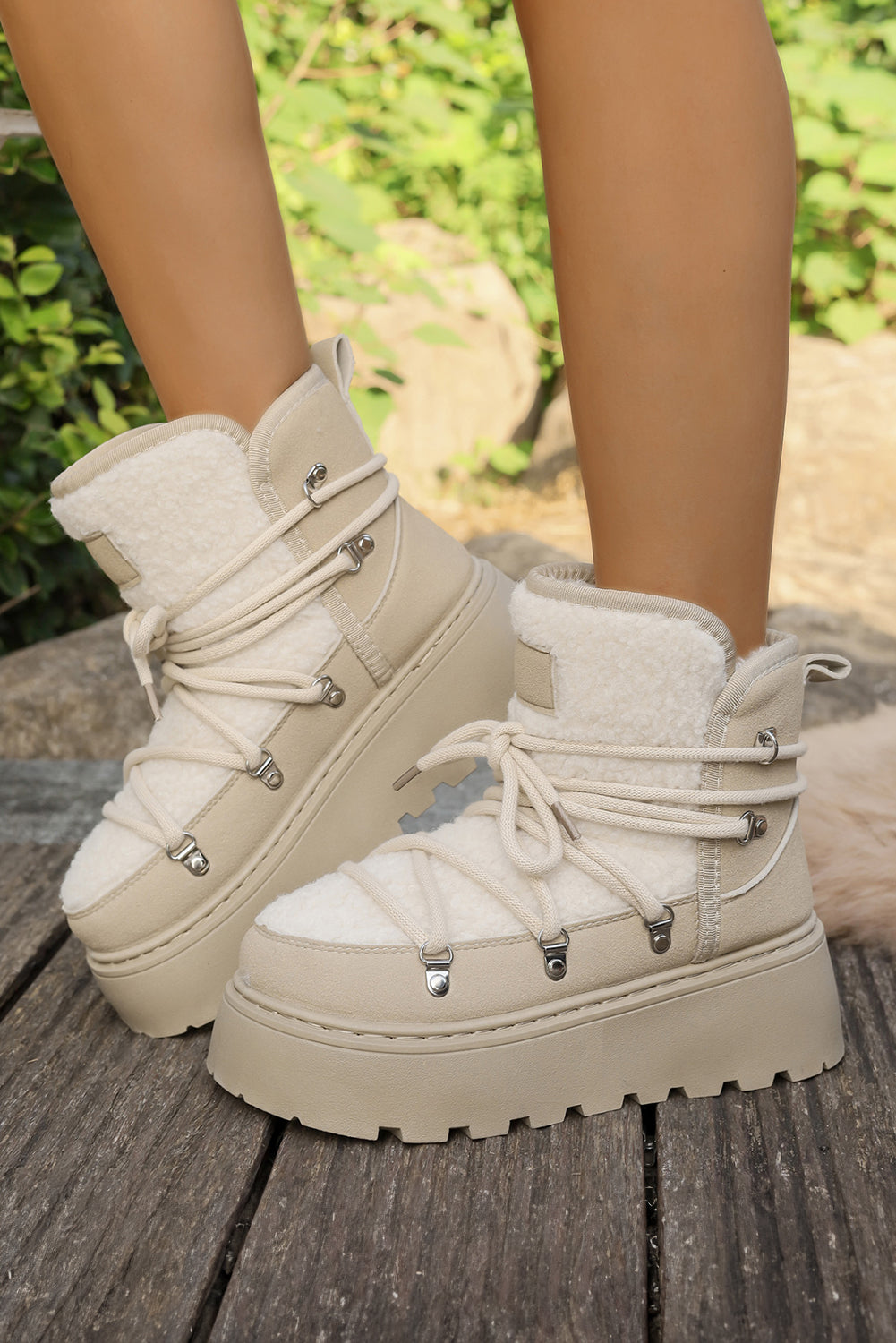 White Sherpa PU Leather Patchwork Lace-up Thick Bottom Snow Boots