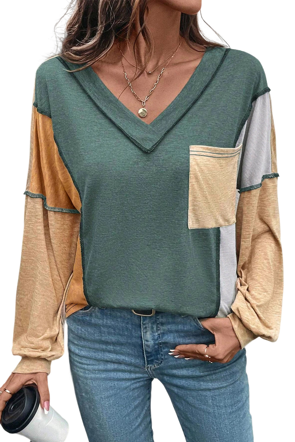 Green Exposed Stitching Colorblock V Neck Long Sleeve Top