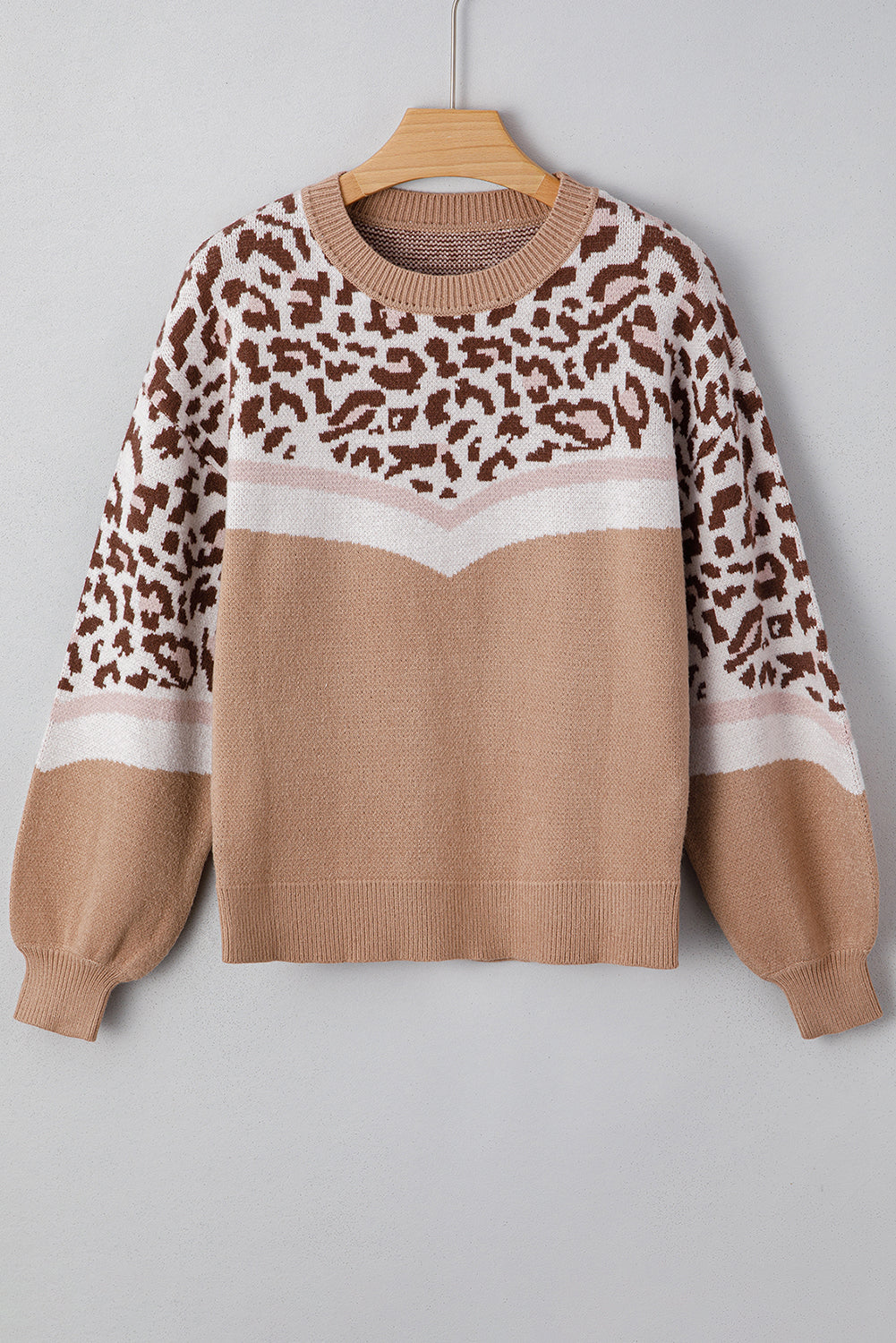 Straw Yellow Leopard Colorblock Patchwork Round Neck Sweater