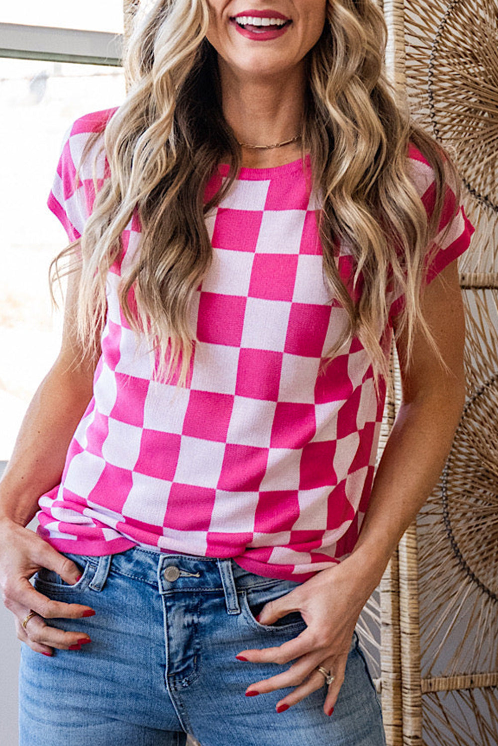 Rose Checkered Pattern Cap Sleeve Knitted Top