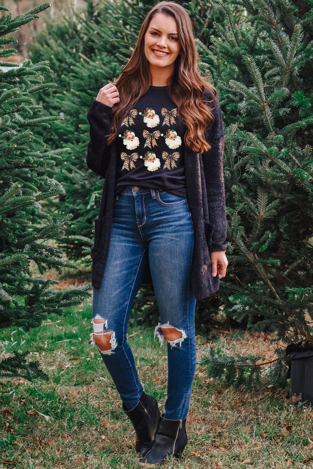 White Santa Claus Leopard Bow Heat Transfer Printing Crew Neck Graphic T Shirt