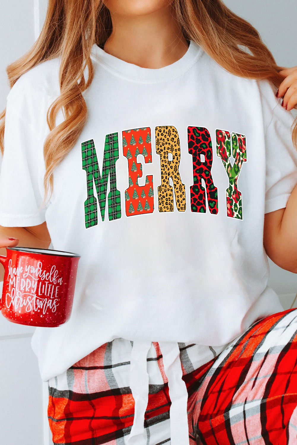 White Leopard Plaid Multi-pattern MERRY Letter Graphic Tee