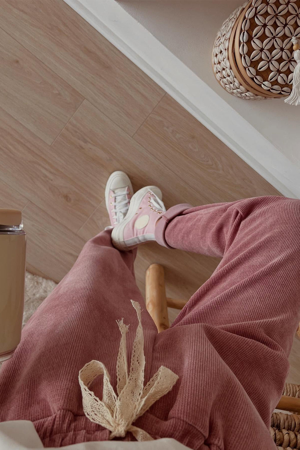 Rose Tan Drawstring Pullover Hoodie and High Waist Pants Corduroy Suit