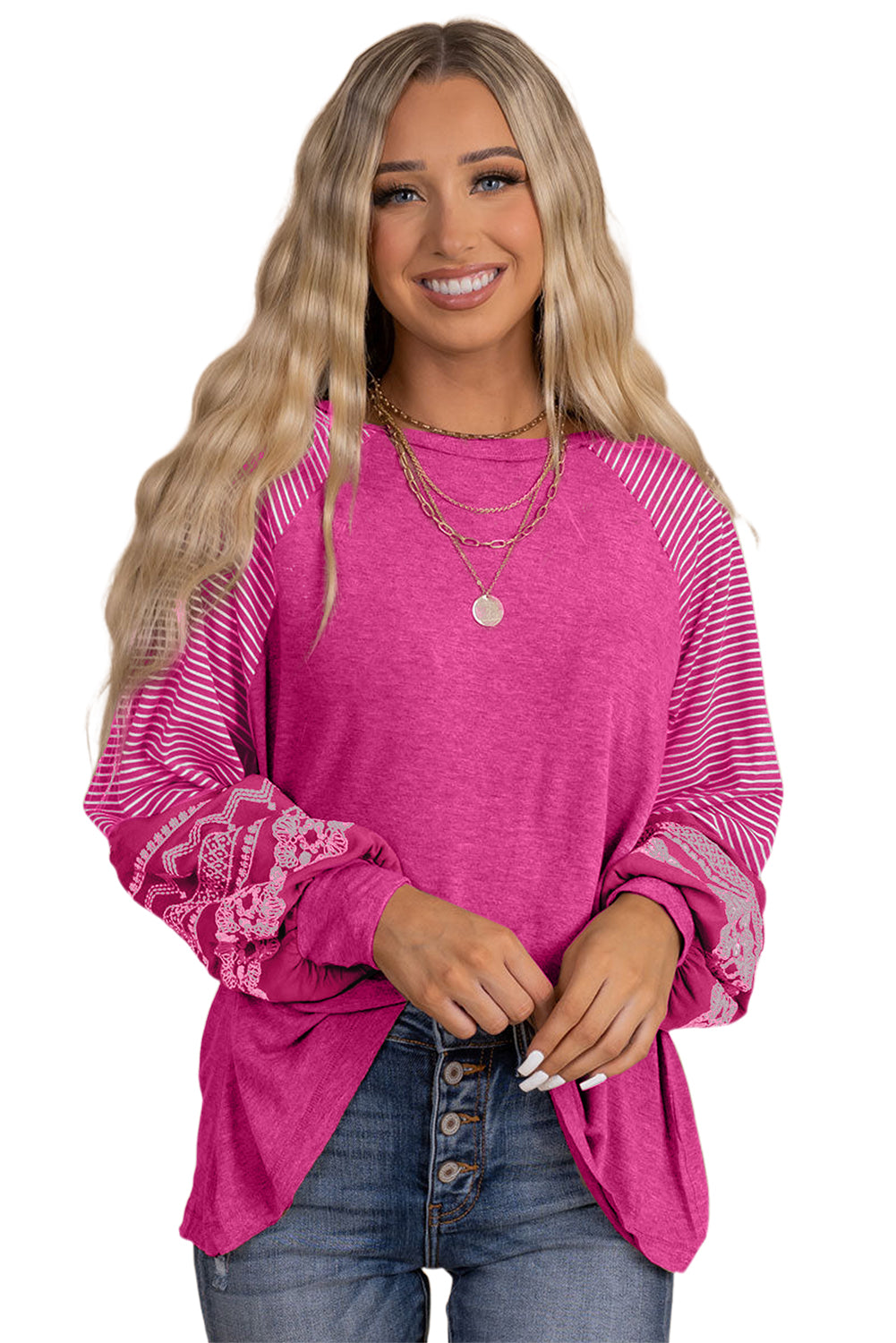 Mineral Red Contrast Print Striped Raglan Long Sleeve Loose Top