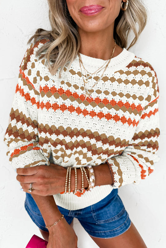 Brown Striped Eyelet Pattern Drop Shoulder Sweater