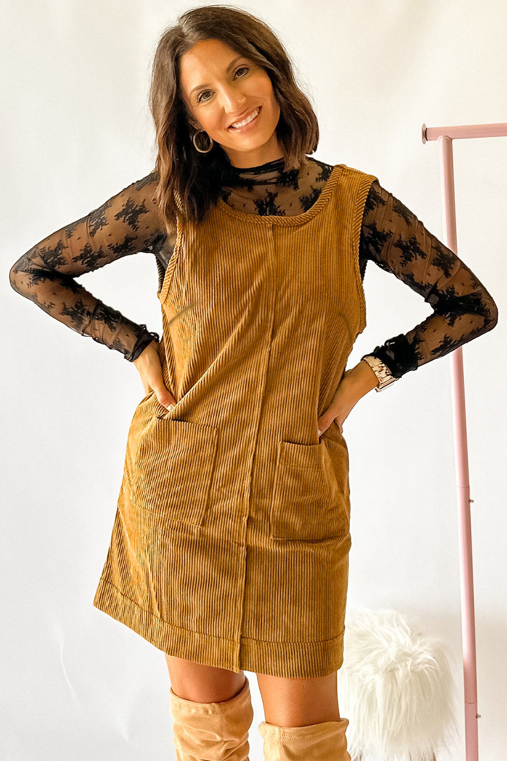 Rose Red Corduroy Exposed Seam Sleeveless Mini Dress