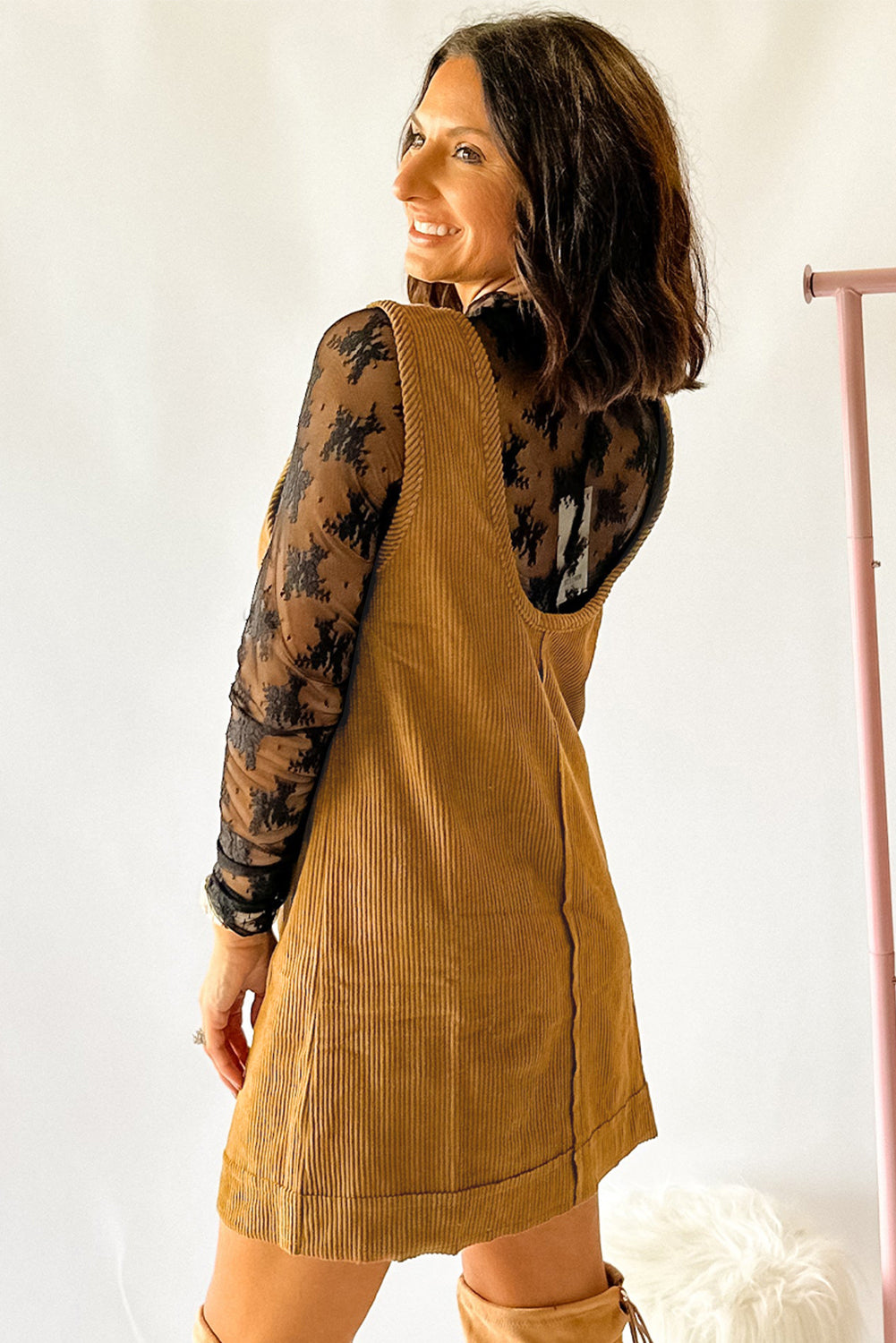 Rose Red Corduroy Exposed Seam Sleeveless Mini Dress